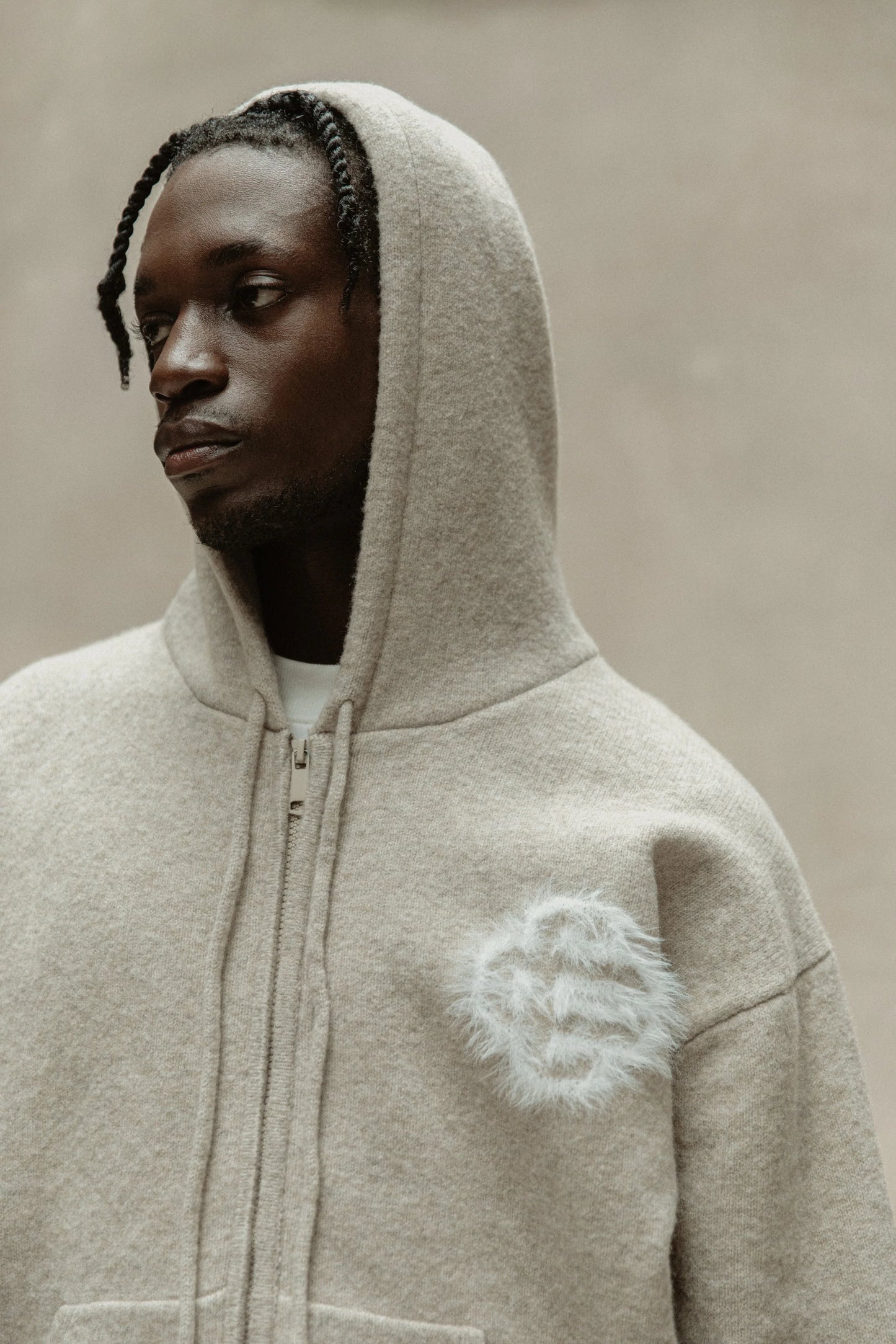 FLUFFY EMBLEM ZIP THROUGH KNITTED HOODIE