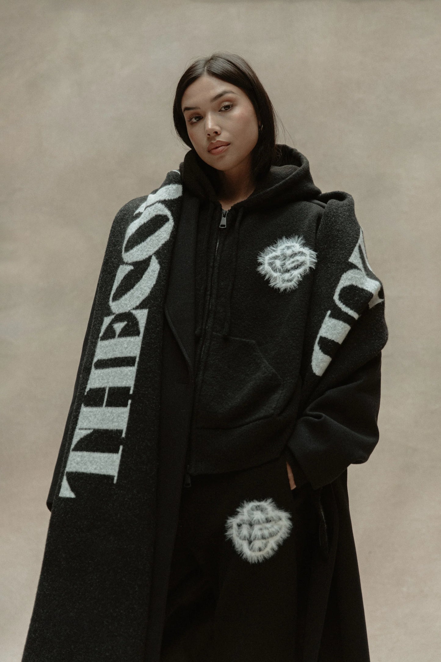 FLUFFY EMBLEM ZIP THROUGH KNITTED HOODIE