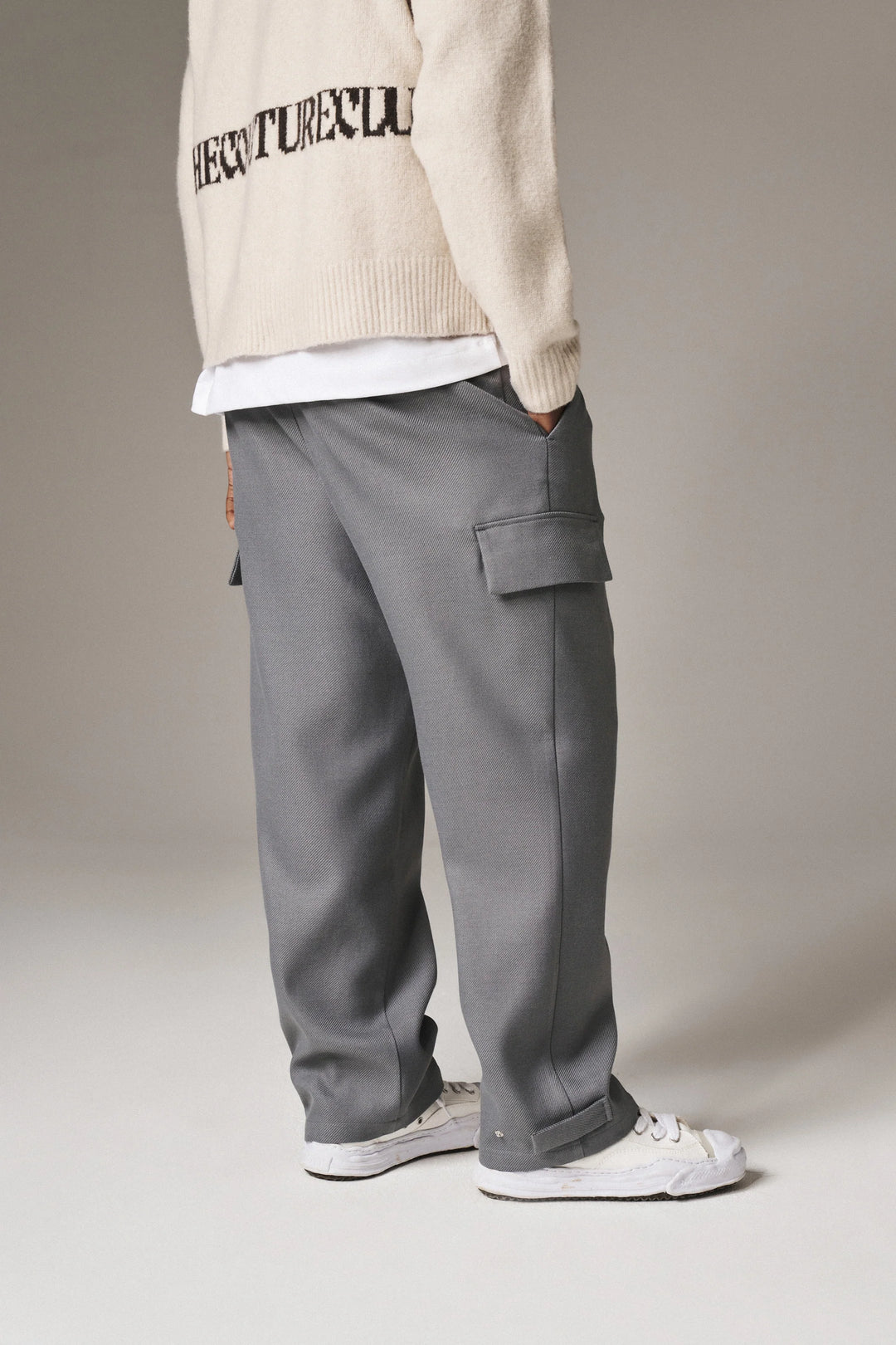 PLEATED WIDE LEG WOOL BLEND TROUSER GREY
