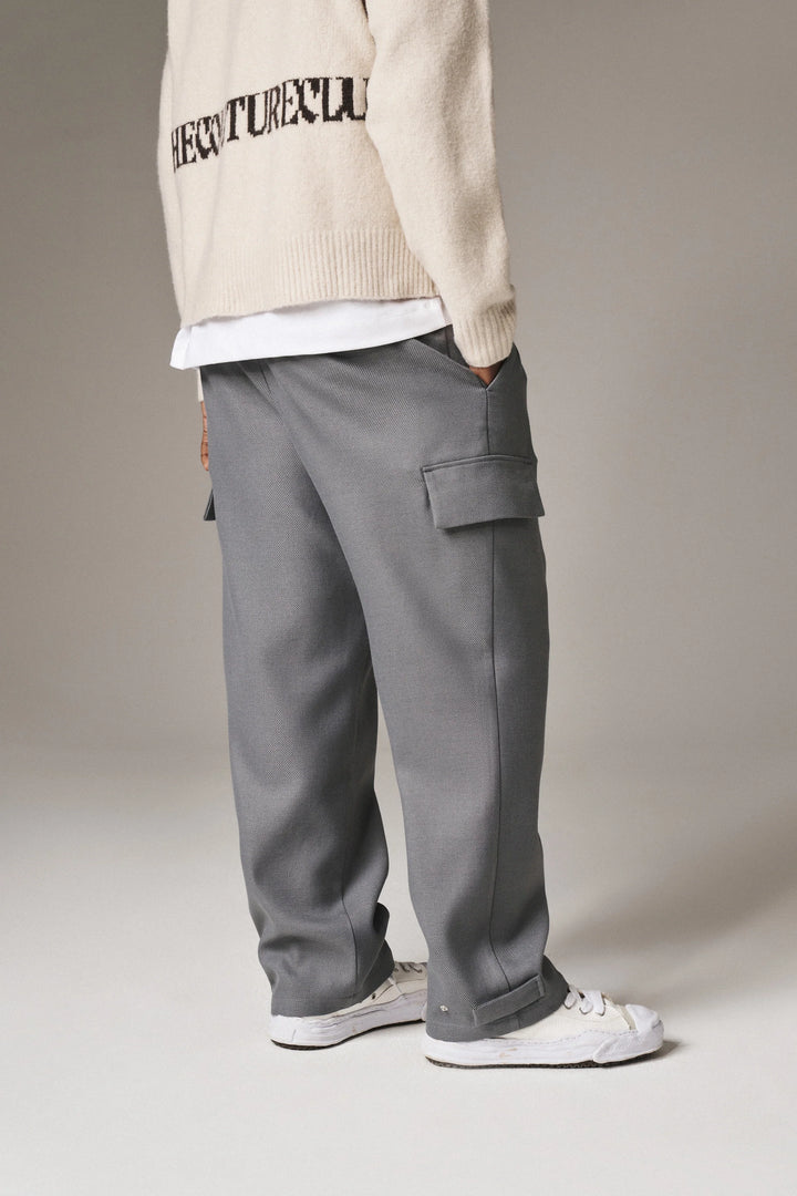 PLEATED WIDE LEG WOOL BLEND TROUSER GREY