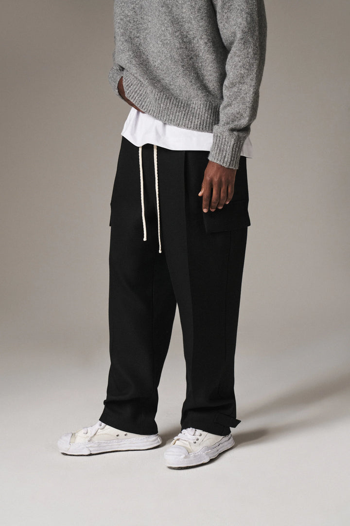 PLEATED WIDE LEG WOOL BLEND TROUSER BLACK