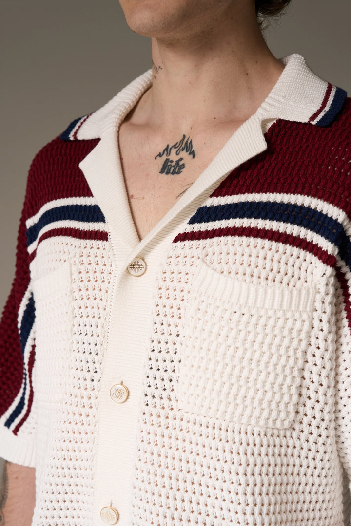 COLOUR BLOCK KNITTED STRIPE SHIRT BURGUNDY
