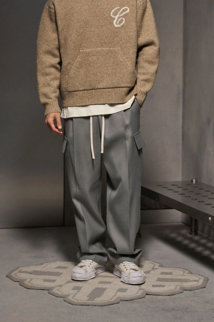 PLEATED WIDE LEG WOOL BLEND TROUSER GREY