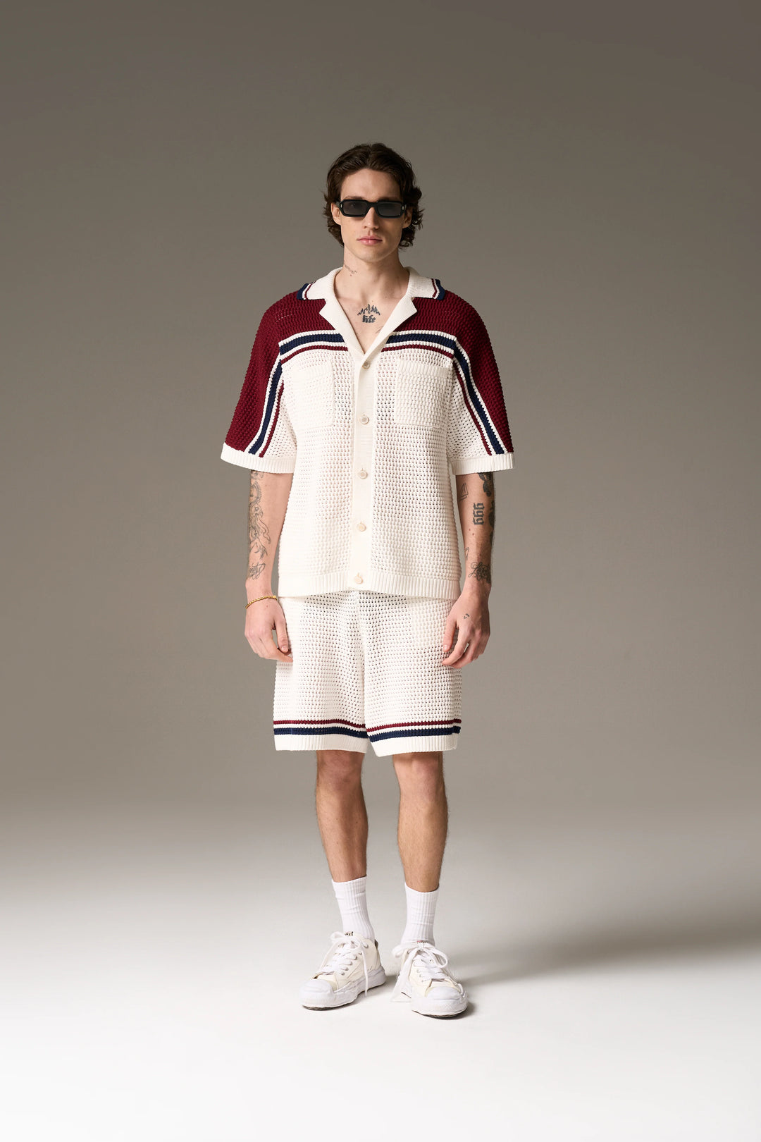 COLOUR BLOCK KNITTED STRIPE SHIRT BURGUNDY