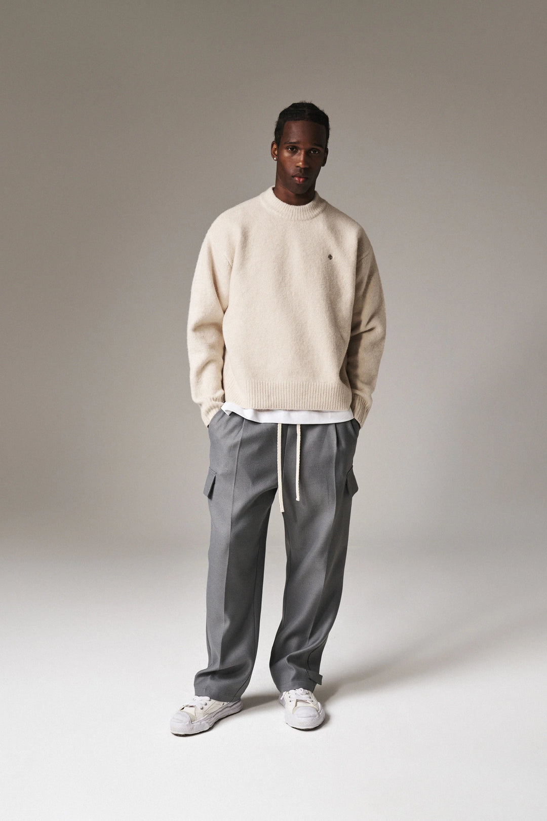 PLEATED WIDE LEG WOOL BLEND TROUSER GREY