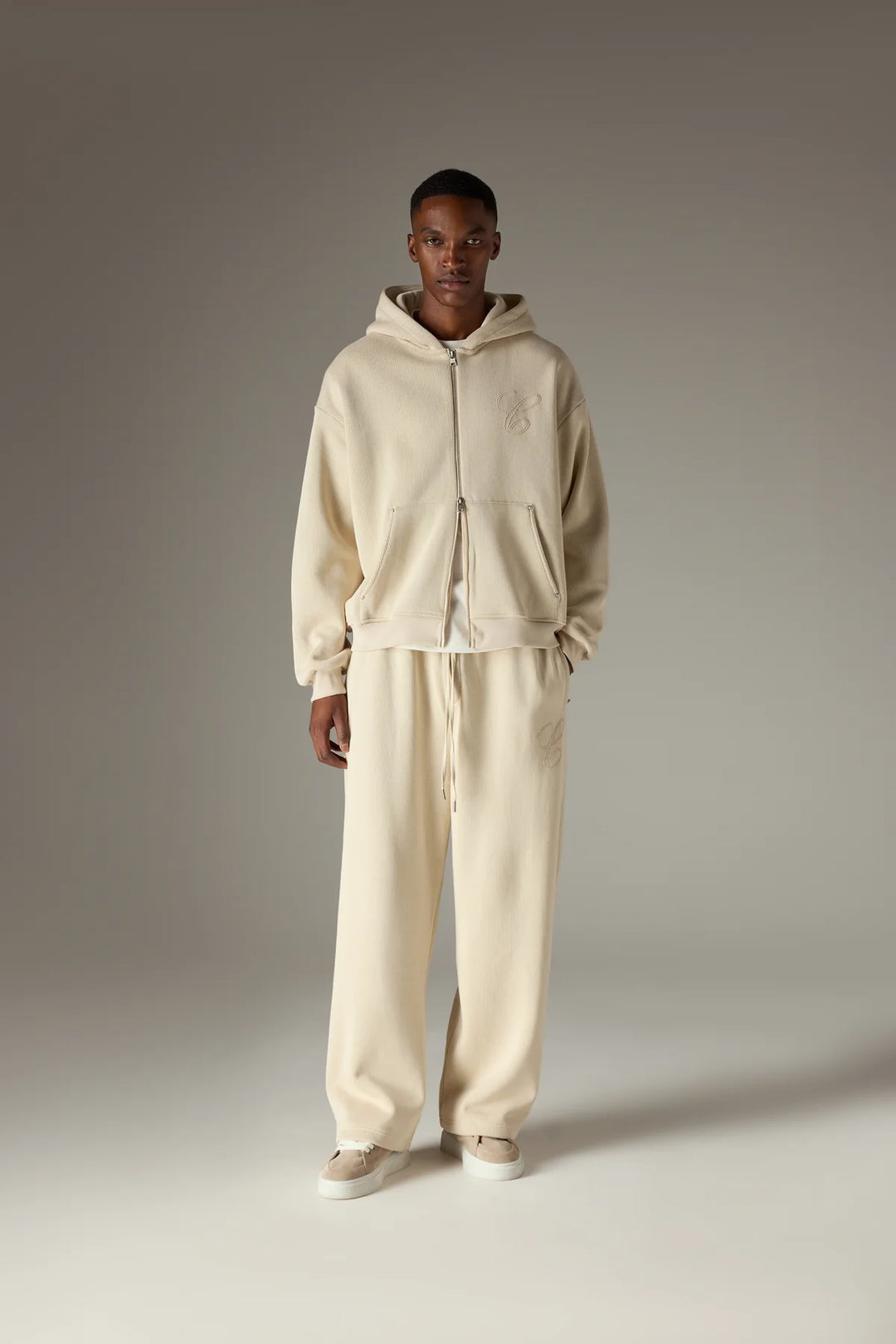 KNIT CONTRAST BINDING ZIP THROUGH HOODIE - BEIGE