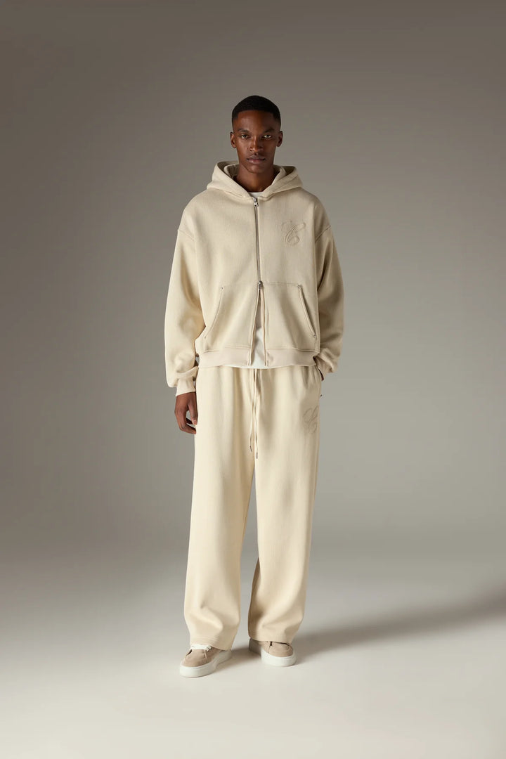 KNIT CONTRAST BINDING ZIP THROUGH HOODIE - BEIGE