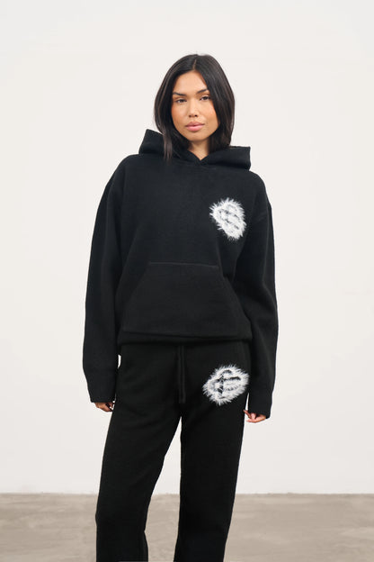 FLUFFY EMBLEM KNITTED HOODIE