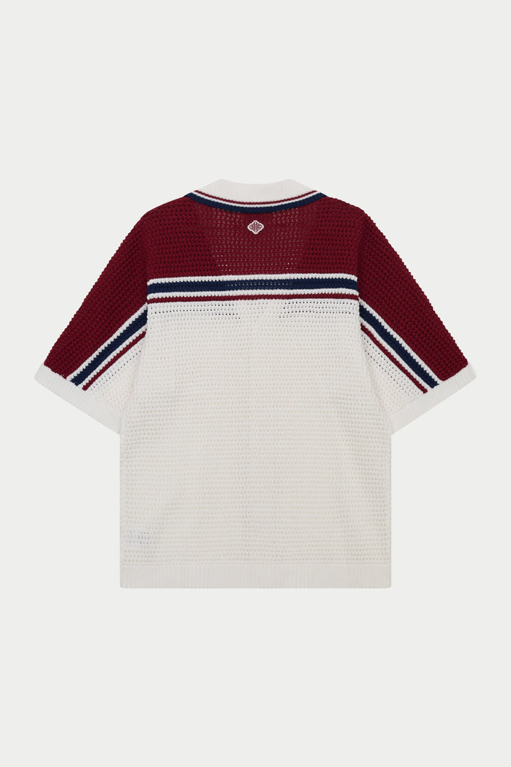 COLOUR BLOCK KNITTED STRIPE SHIRT BURGUNDY