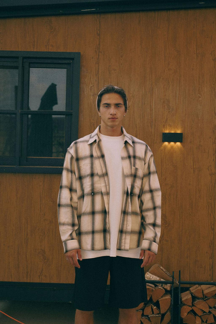 Beige Plaid Long-Sleeve Overshirt