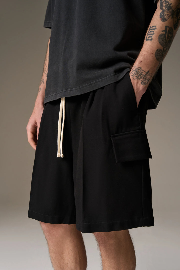 WIDE LEG SIDE POCKET SHORTS BLACK