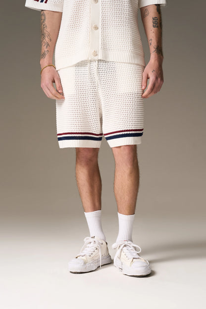 STRIPE CROCHET KNIT SHORTS BURGUNDY
