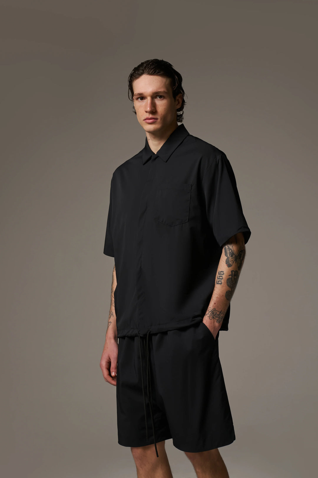 NYLON DRAWCORD SHIRT BLACK