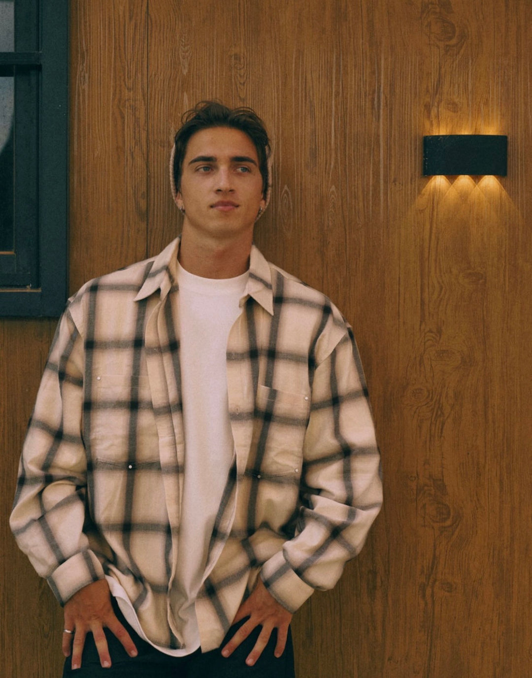 Beige Plaid Long-Sleeve Overshirt