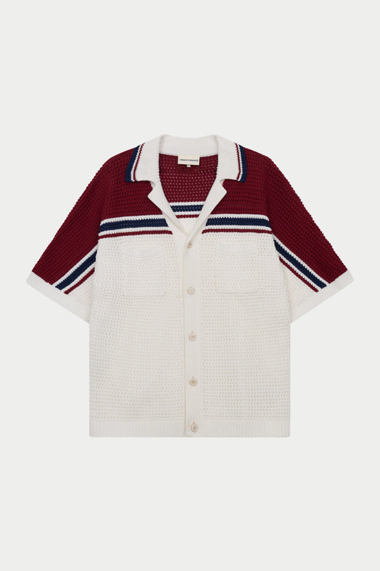 COLOUR BLOCK KNITTED STRIPE SHIRT BURGUNDY