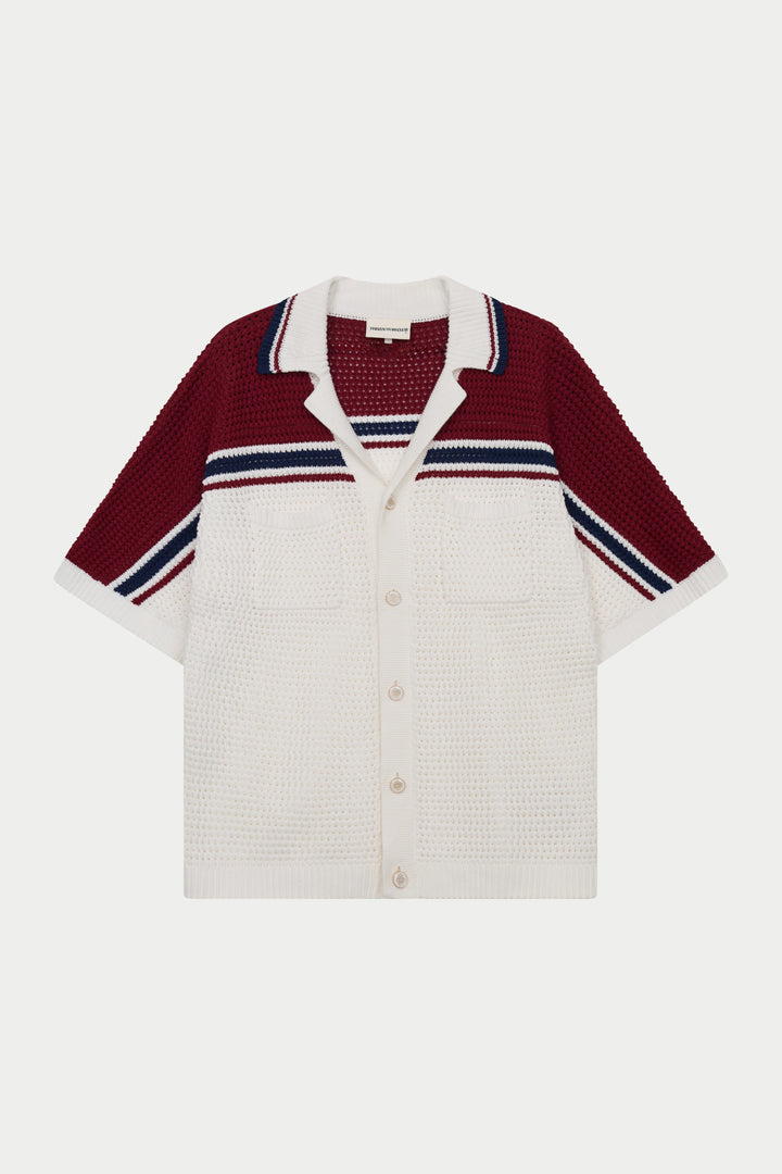 COLOUR BLOCK KNITTED STRIPE SHIRT BURGUNDY