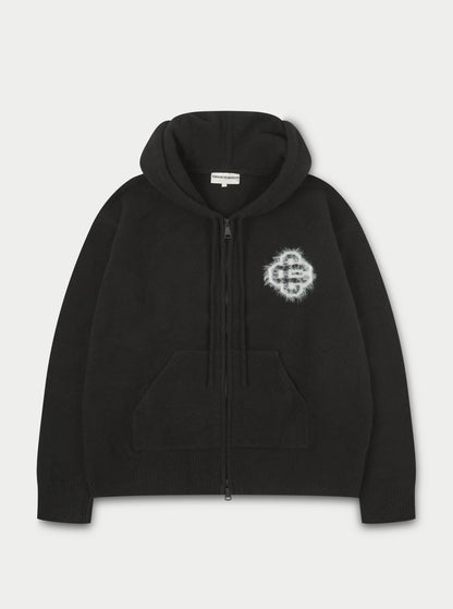 FLUFFY EMBLEM ZIP THROUGH KNITTED HOODIE
