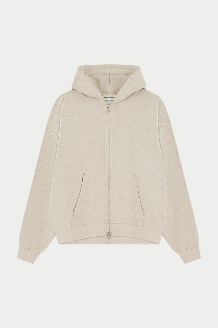 KNIT CONTRAST BINDING ZIP THROUGH HOODIE - BEIGE