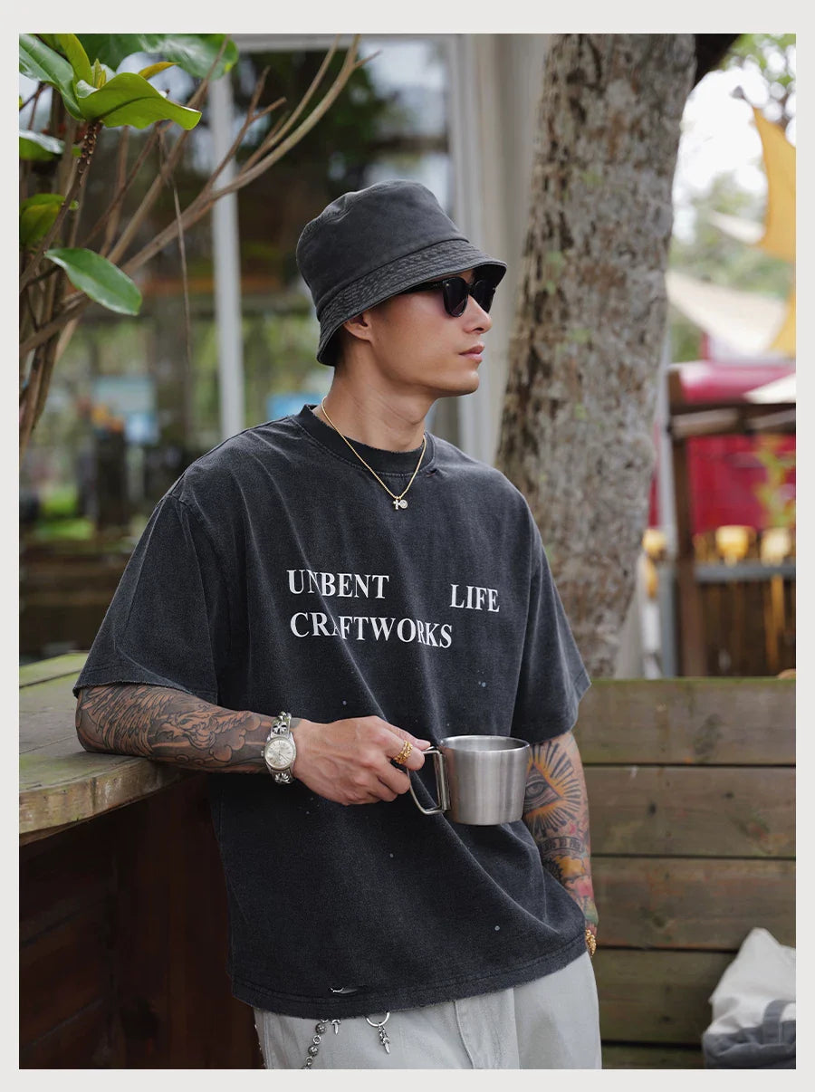 CRACKLE DISTRESSED PRINT TEE BLACK