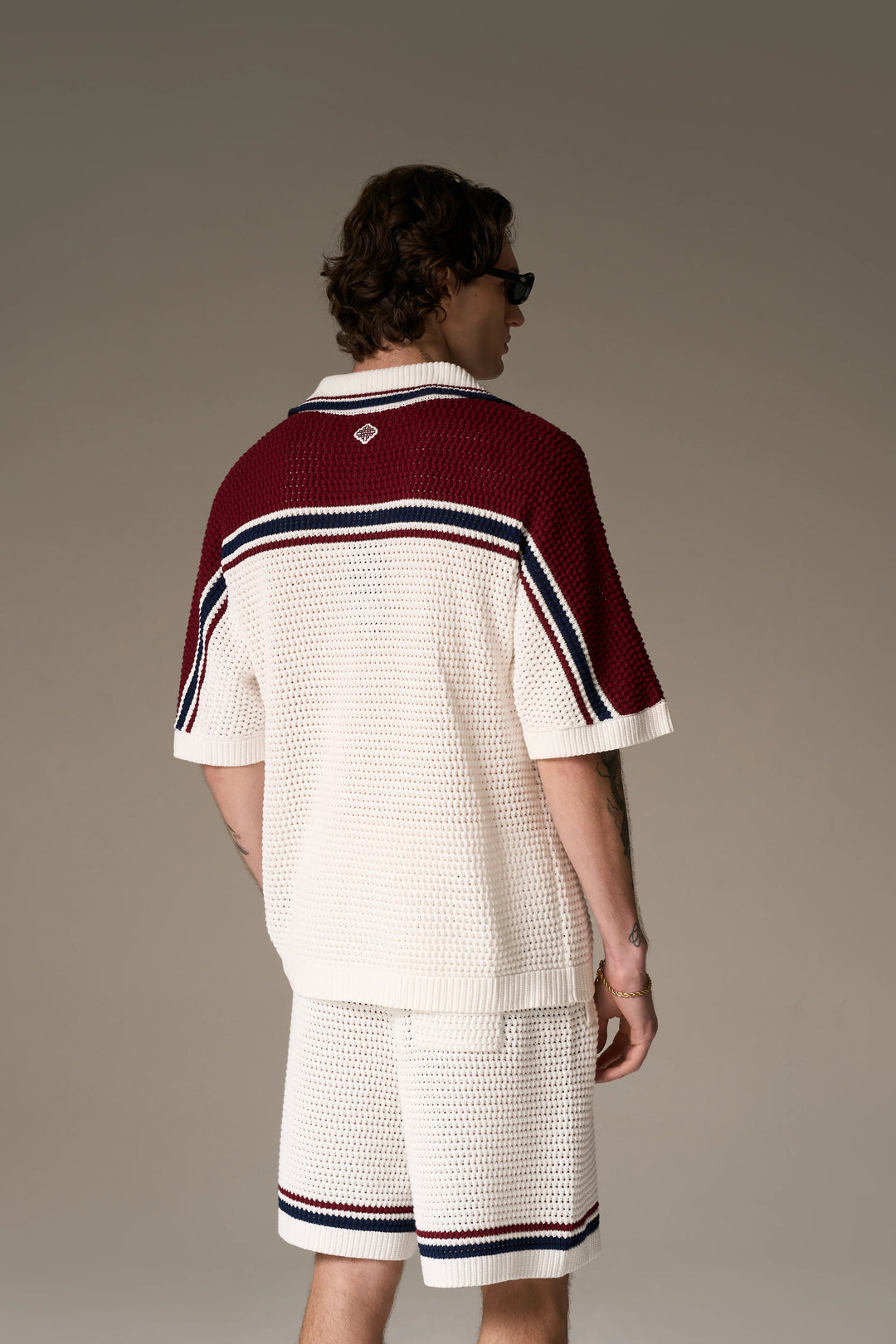 COLOUR BLOCK KNITTED STRIPE SHIRT BURGUNDY