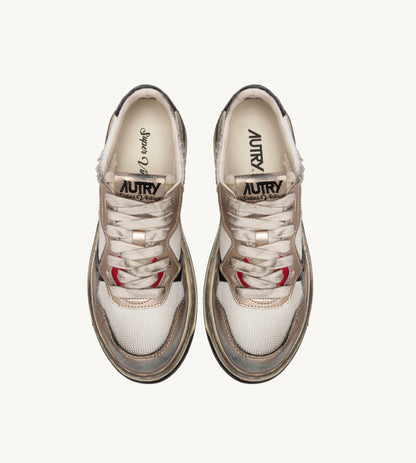AUTRY SNEAKERS WOMAN MEDALIST LOW SUPER VINTAGE SNEAKERS IN WHITE MESH, GOLD SUEDE AND BLACK LEATHER