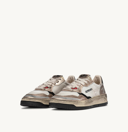 AUTRY SNEAKERS WOMAN MEDALIST LOW SUPER VINTAGE SNEAKERS IN WHITE MESH, GOLD SUEDE AND BLACK LEATHER