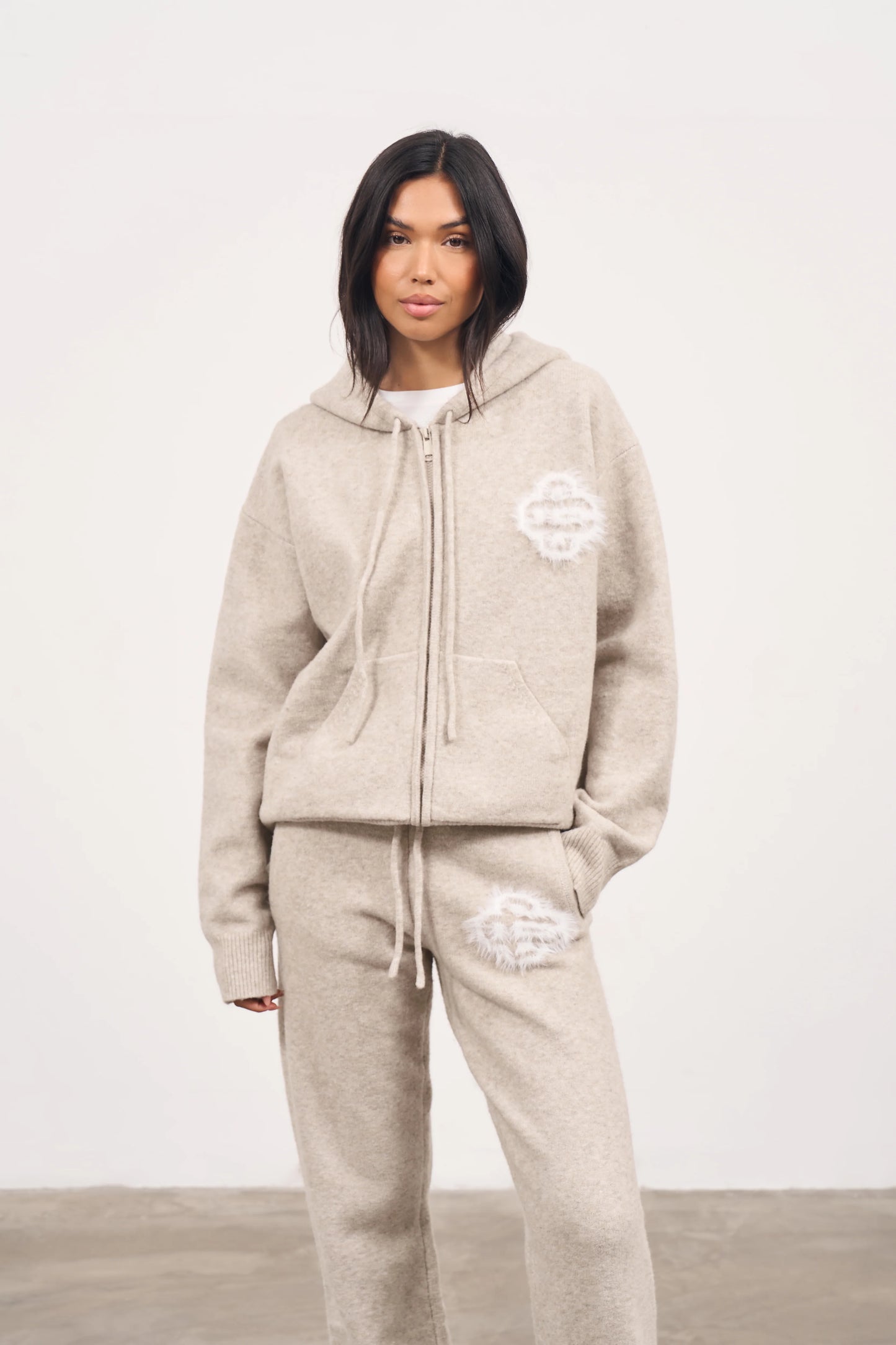 FLUFFY EMBLEM ZIP THROUGH KNITTED HOODIE