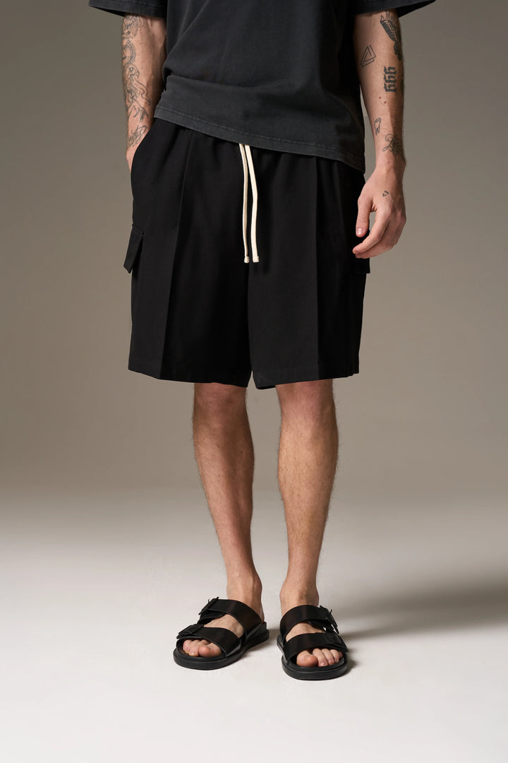 WIDE LEG SIDE POCKET SHORTS BLACK