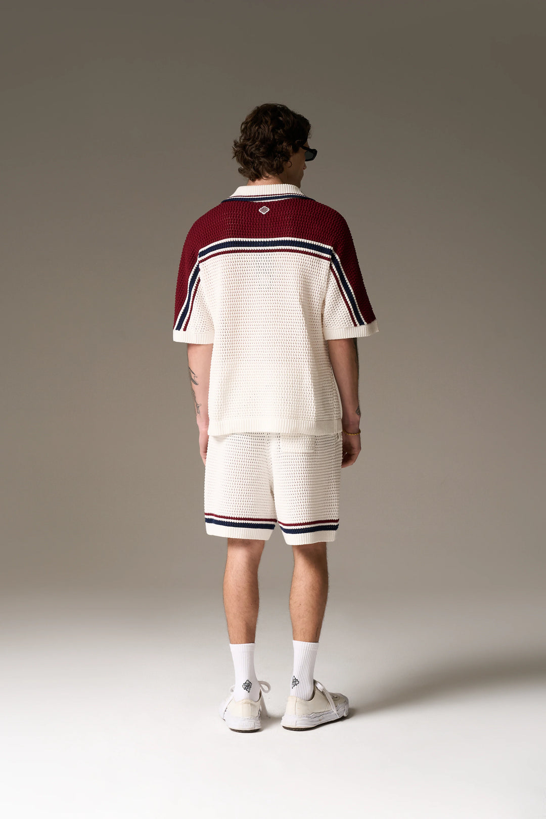 COLOUR BLOCK KNITTED STRIPE SHIRT BURGUNDY