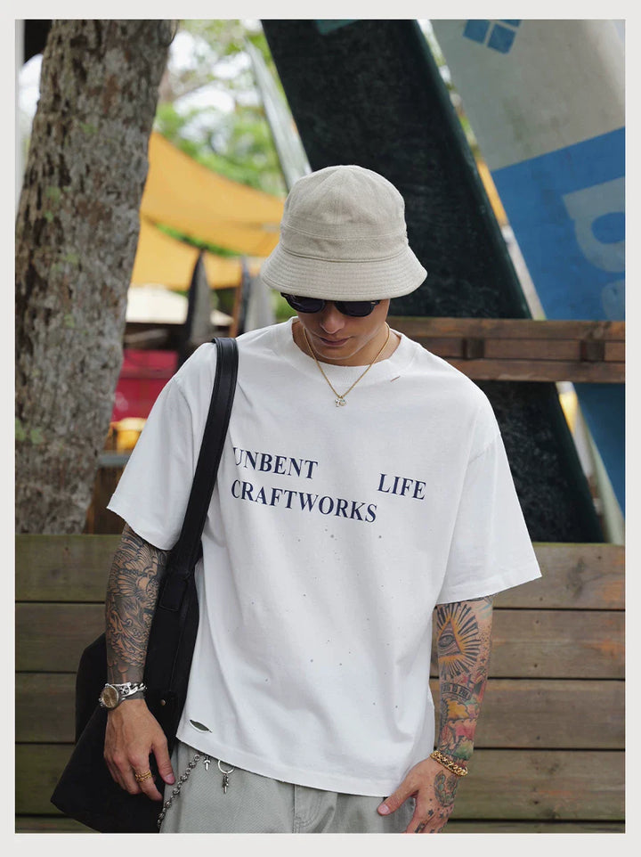 CRACKLE DISTRESSED PRINT TEE WHITE