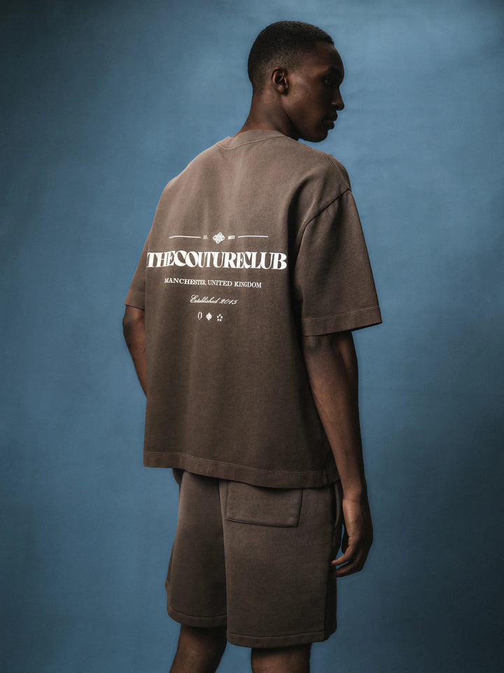 SPRAY WASH COPYRIGHT MULTI GRAPHIC T-SHIRT BROWN
