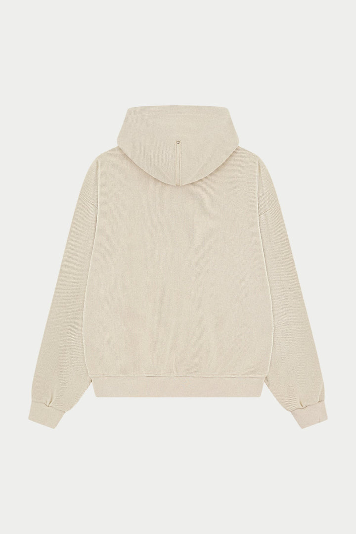 KNIT CONTRAST BINDING ZIP THROUGH HOODIE - BEIGE