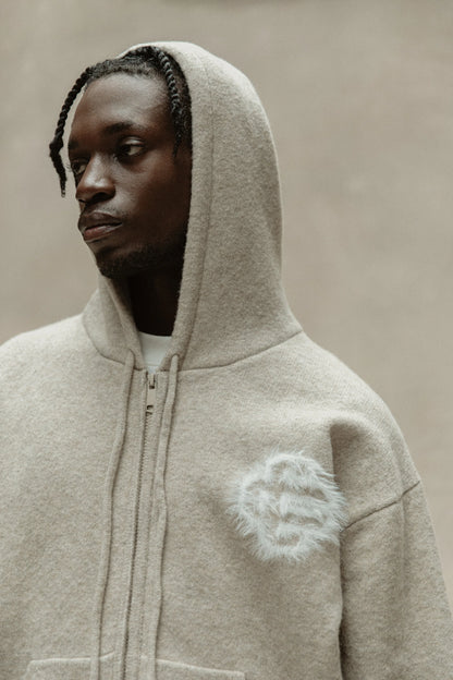 FLUFFY EMBLEM ZIP THROUGH KNITTED HOODIE
