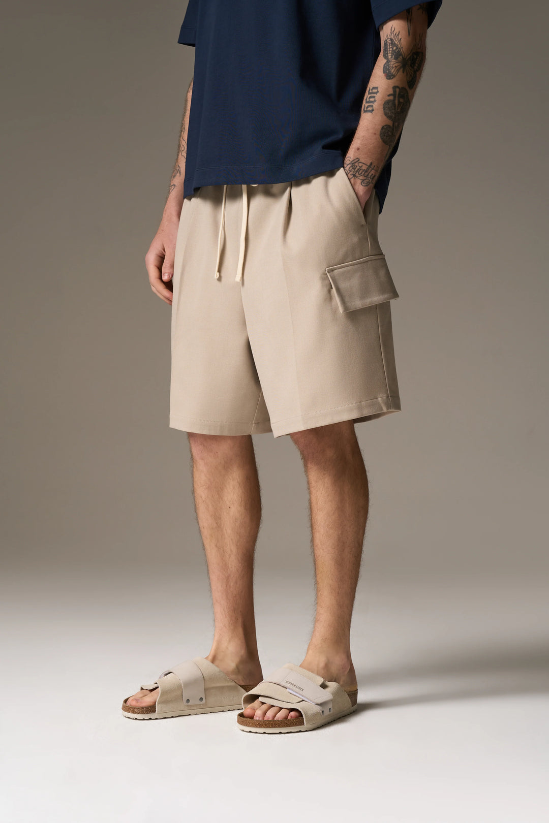 WIDE LEG SIDE POCKET SHORTS BEIGE