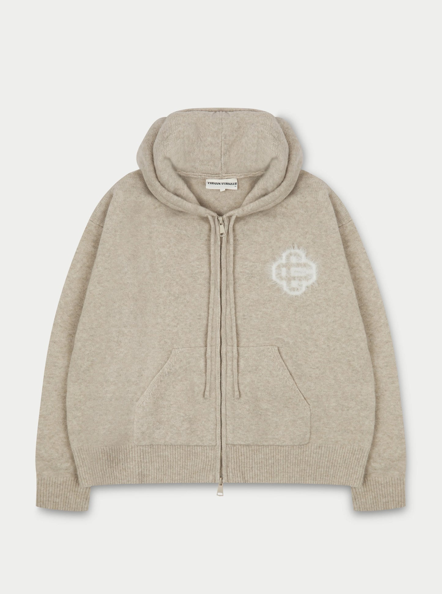 FLUFFY EMBLEM ZIP THROUGH KNITTED HOODIE