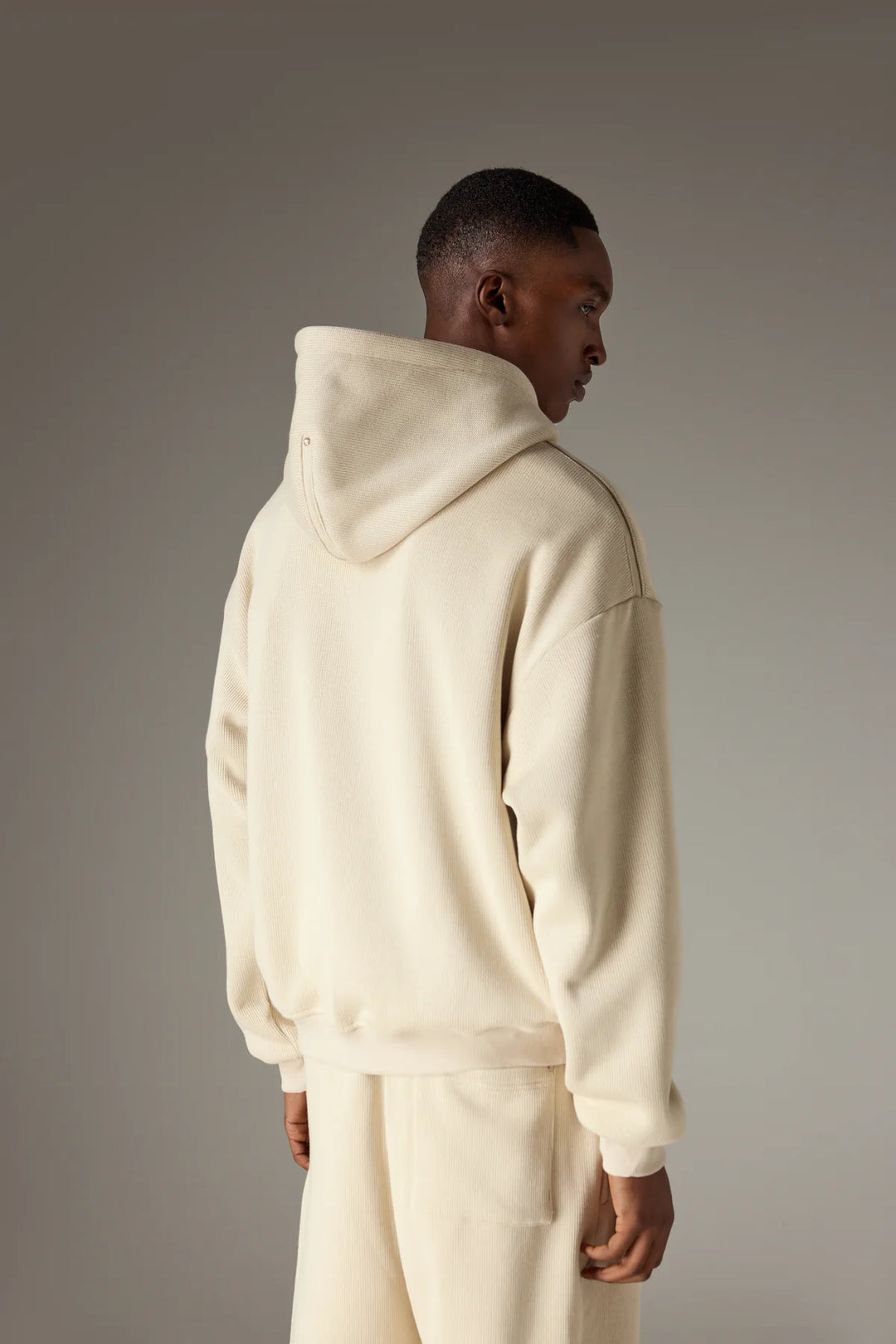 KNIT CONTRAST BINDING ZIP THROUGH HOODIE - BEIGE