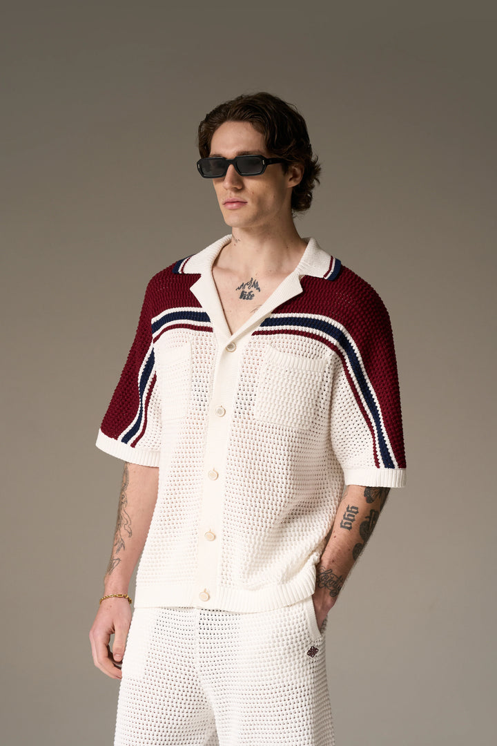 COLOUR BLOCK KNITTED STRIPE SHIRT BURGUNDY