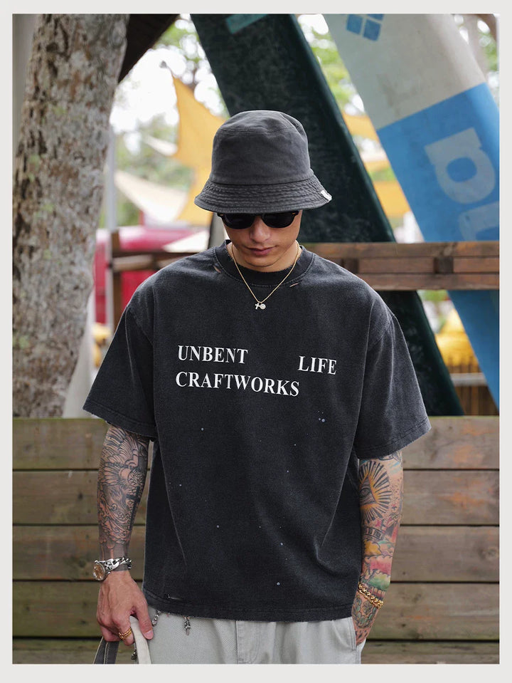 CRACKLE DISTRESSED PRINT TEE BLACK