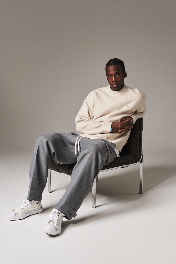 PLEATED WIDE LEG WOOL BLEND TROUSER GREY