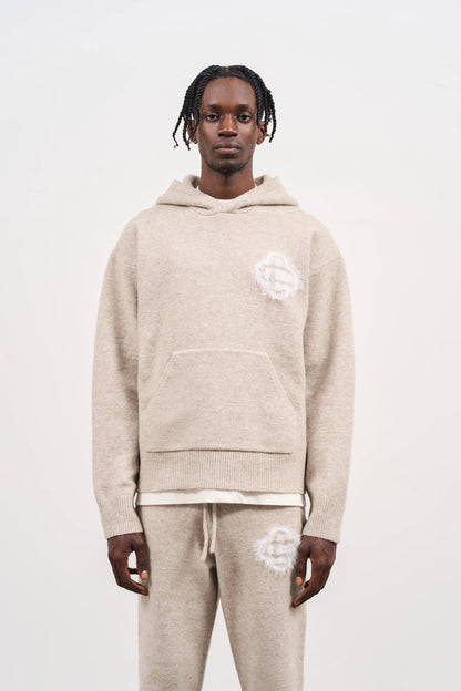 FLUFFY EMBLEM KNITTED HOODIE