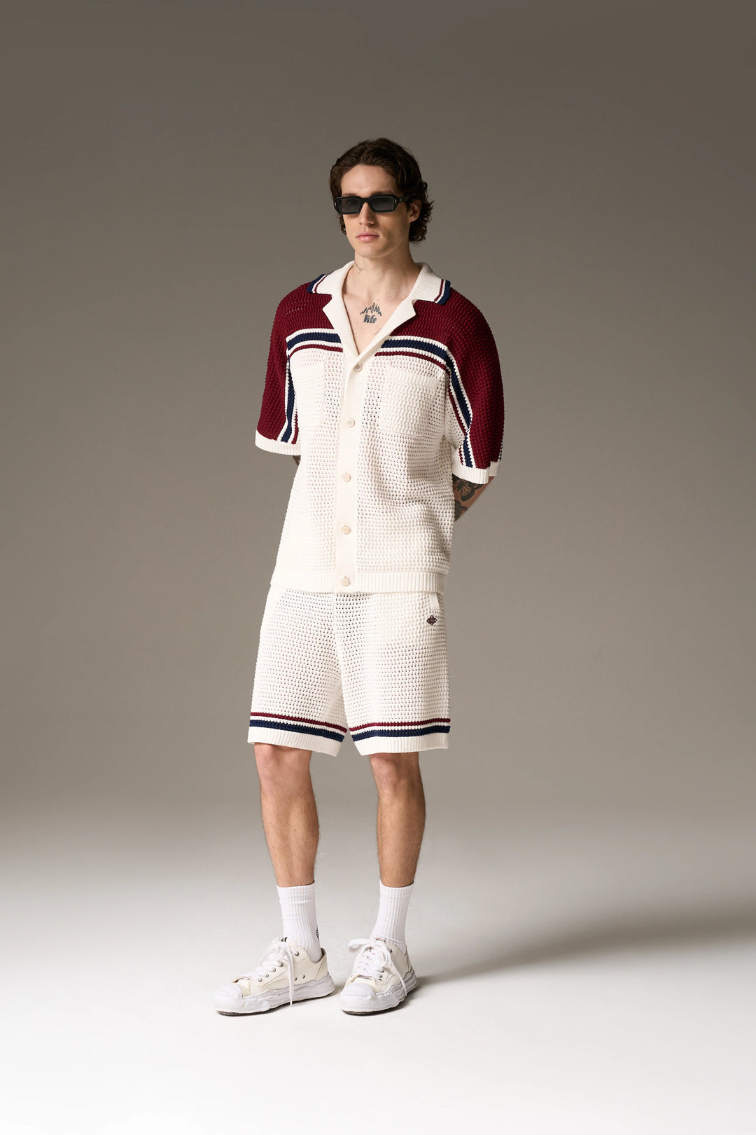 COLOUR BLOCK KNITTED STRIPE SHIRT BURGUNDY