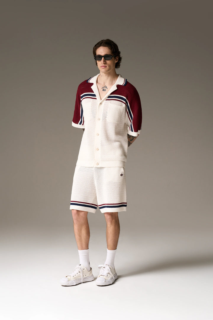 COLOUR BLOCK KNITTED STRIPE SHIRT BURGUNDY