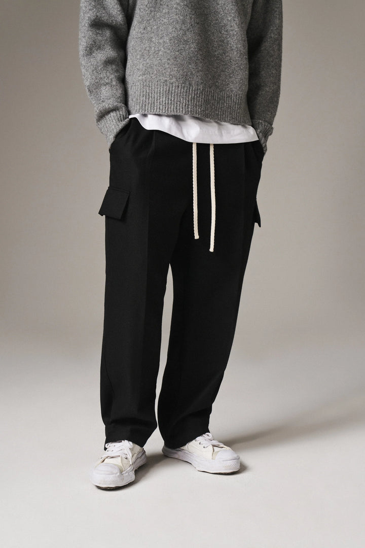 PLEATED WIDE LEG WOOL BLEND TROUSER BLACK