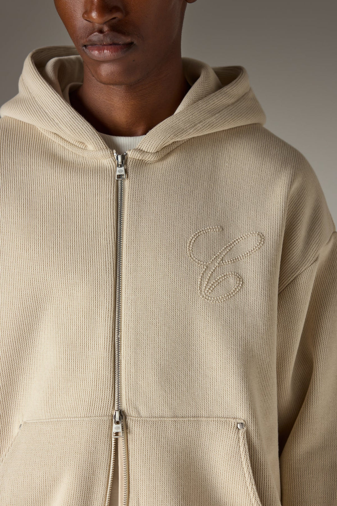 KNIT CONTRAST BINDING ZIP THROUGH HOODIE - BEIGE