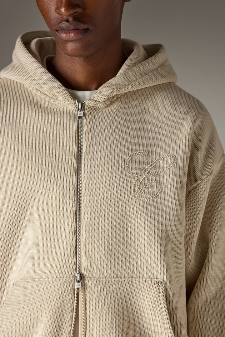 KNIT CONTRAST BINDING ZIP THROUGH HOODIE - BEIGE