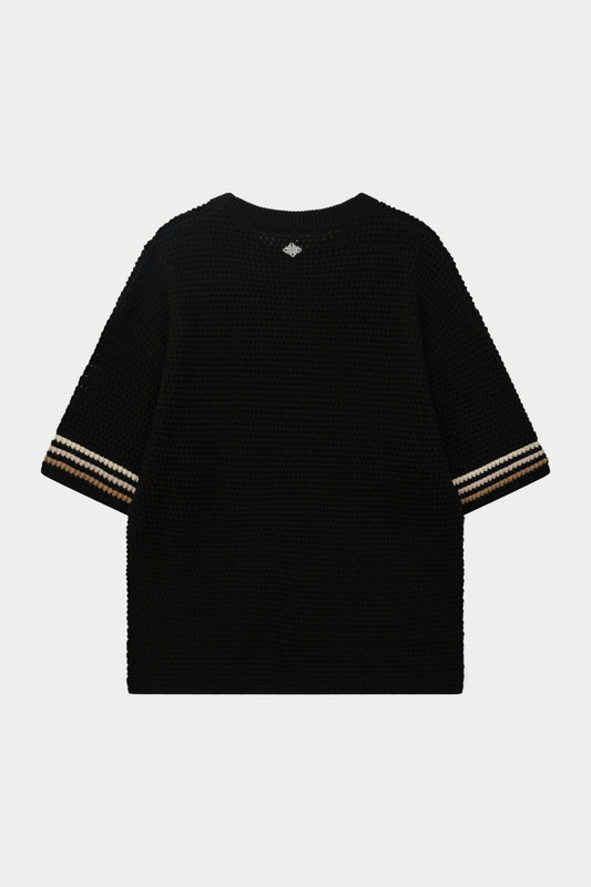 STRIPE CROCHET KNIT T-SHIRT BLACK