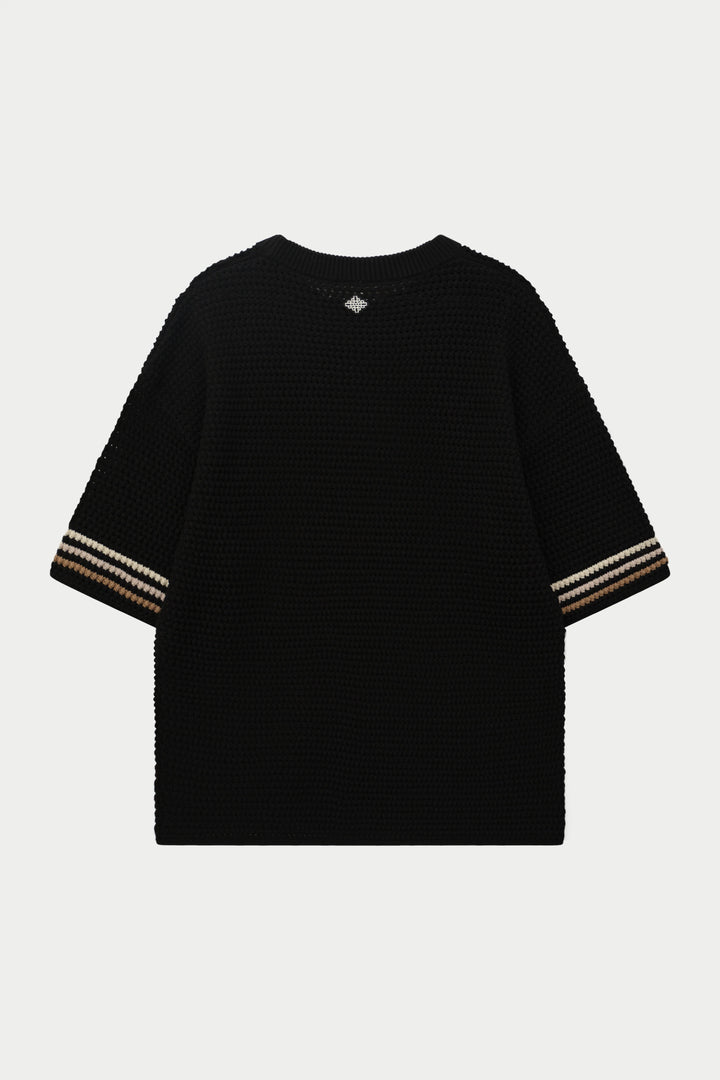 STRIPE CROCHET KNIT T-SHIRT BLACK