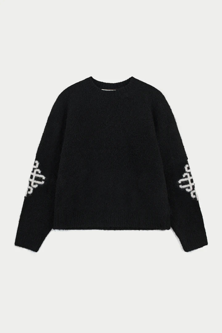 BRUSHED EMBLEM SLEEVE KNITTED CREW BLACK