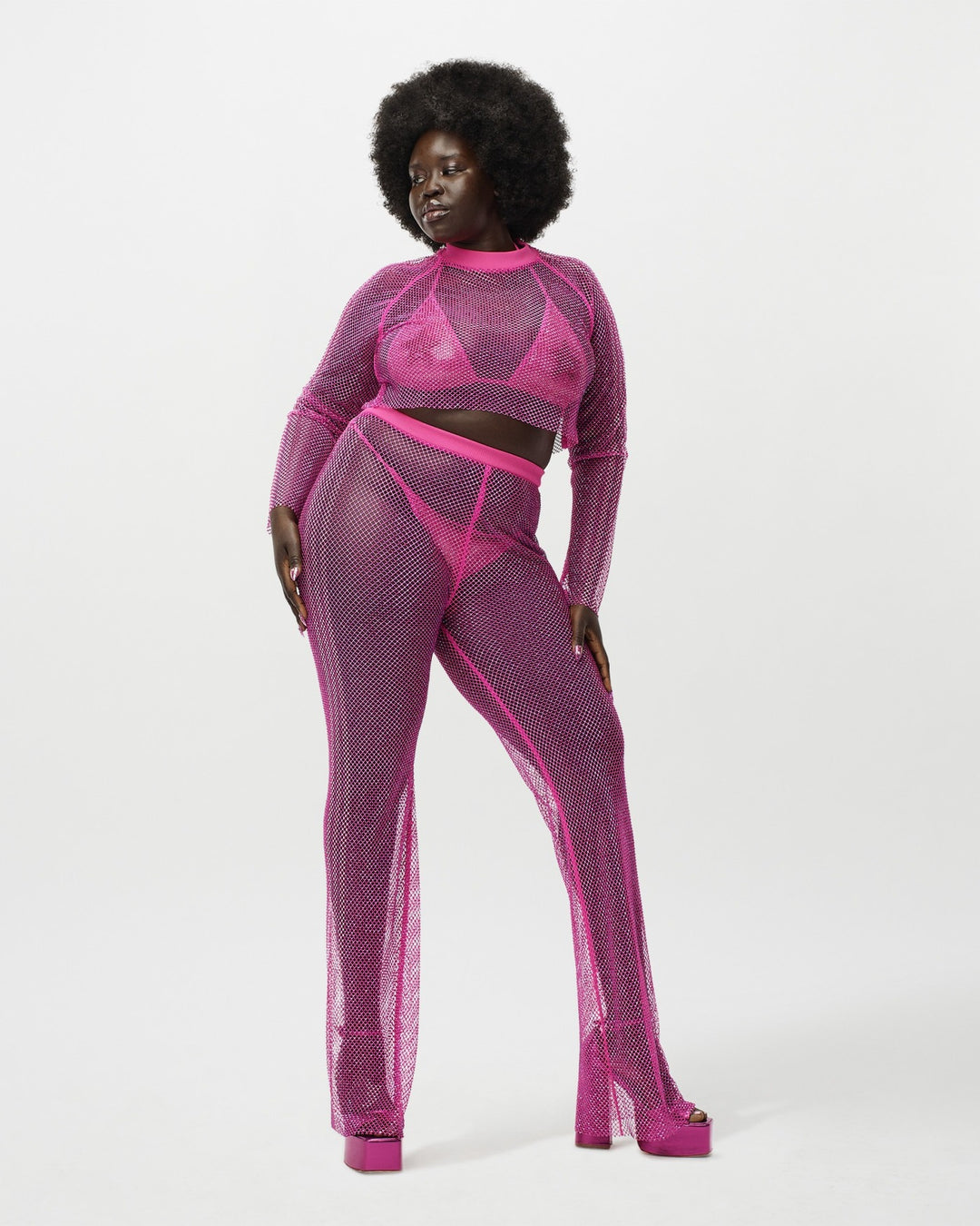 ADIDAS WOMEN'S CRYSTAL MESH PANTS X IVY PARK SHOCK PINK - מכנס רשת אדידס איבי פארק ורוד פוקסיה לנשים - תמונה 5