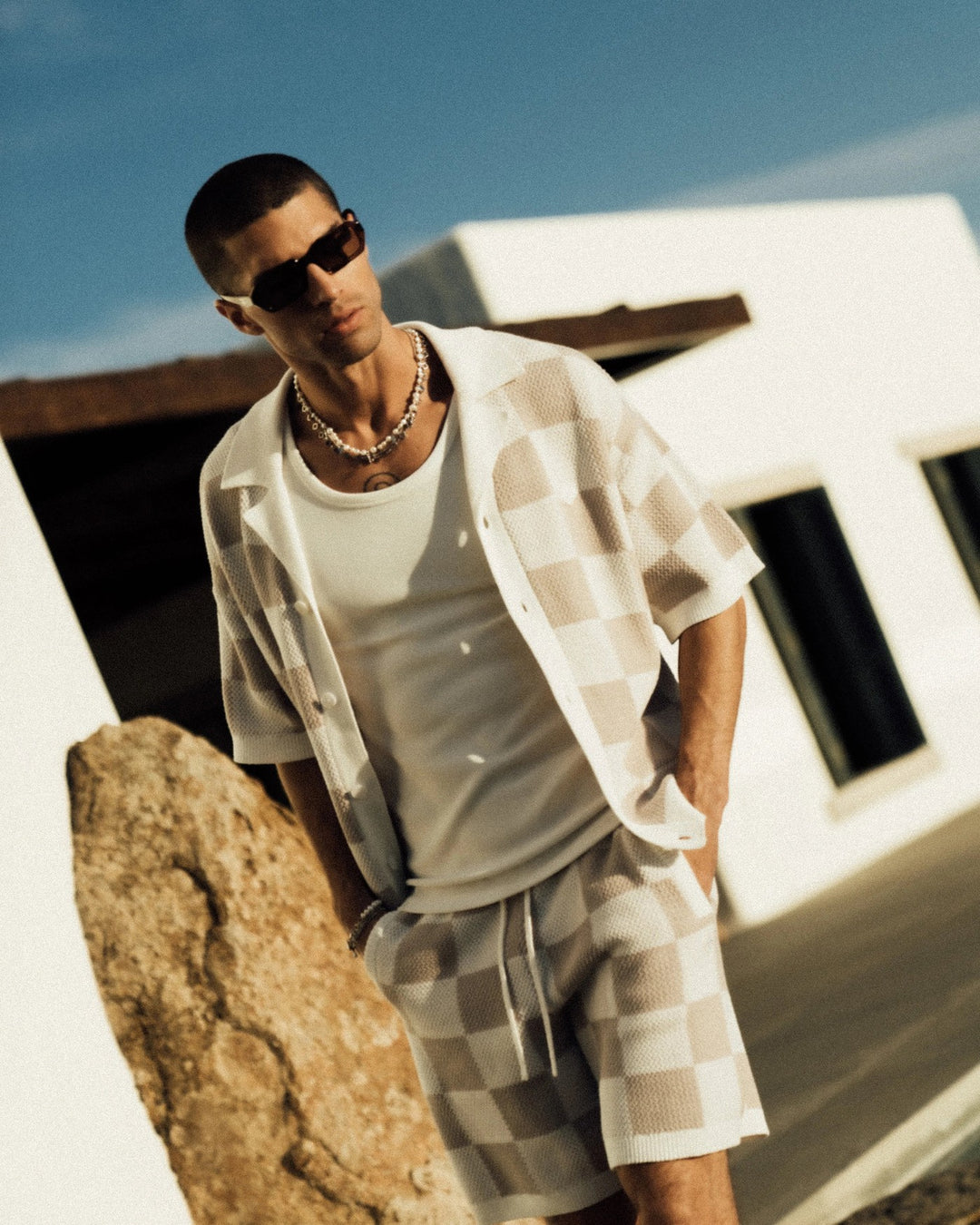 KNITTED CHECKERBOARD SHIRT OFF WHITE